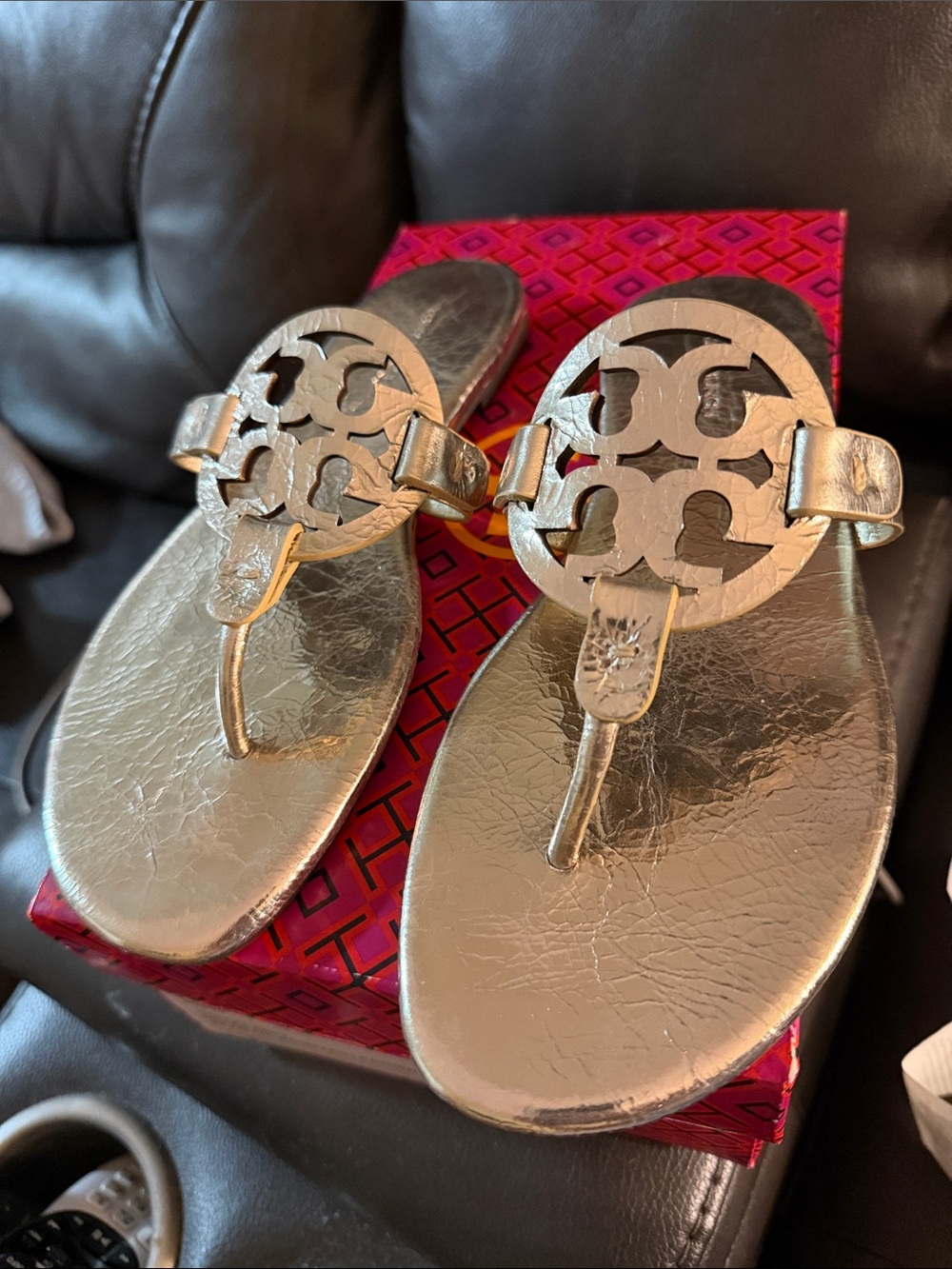Tory Burch Metallic Gold Logo Thong Sandals